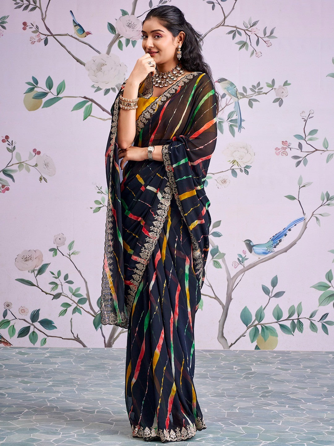 Black Leheriya Printed Georgette Saree - Image 5