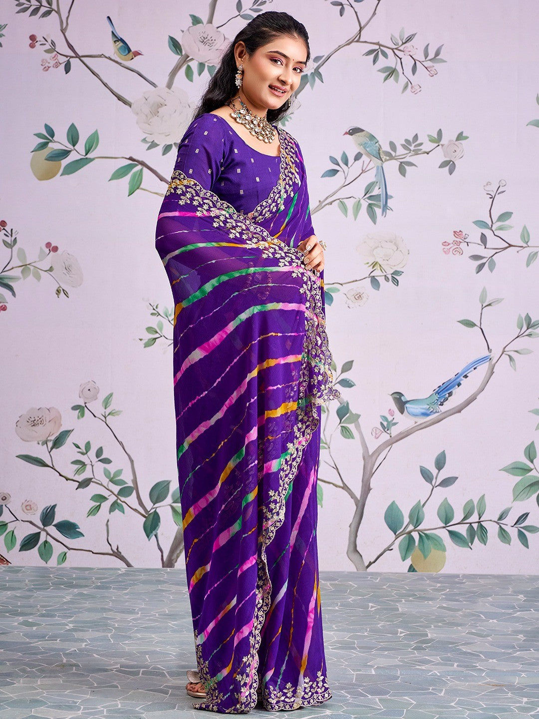 Purple Leheriya Printed Georgette Saree - Image 2