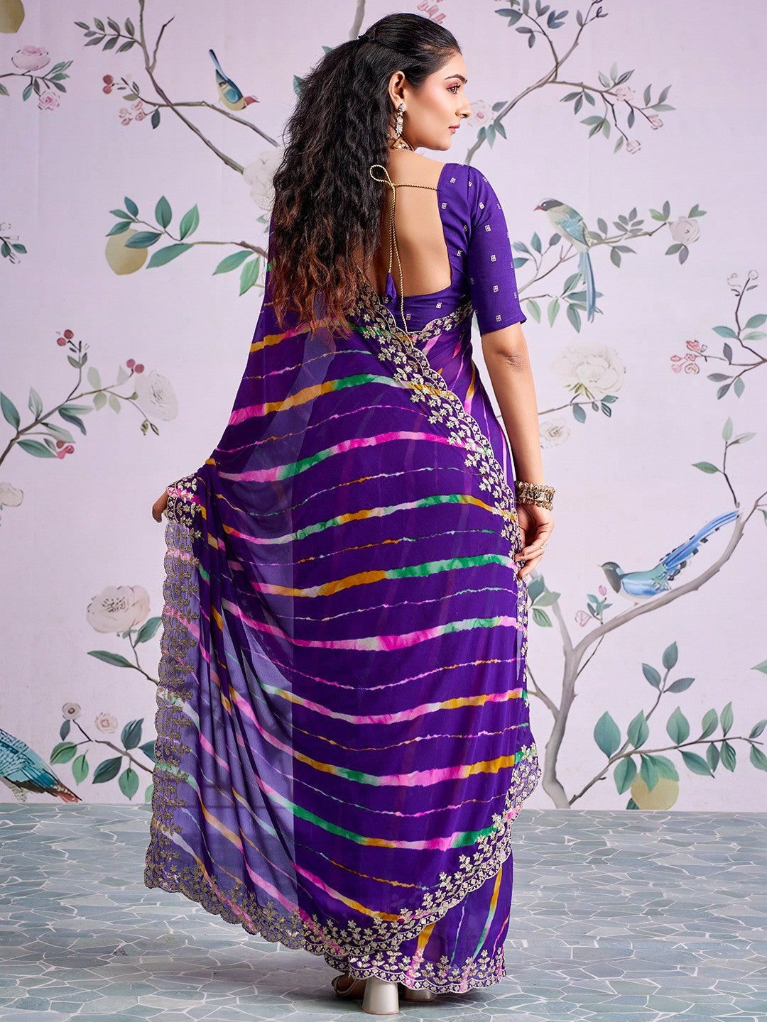 Purple Leheriya Printed Georgette Saree - Image 3