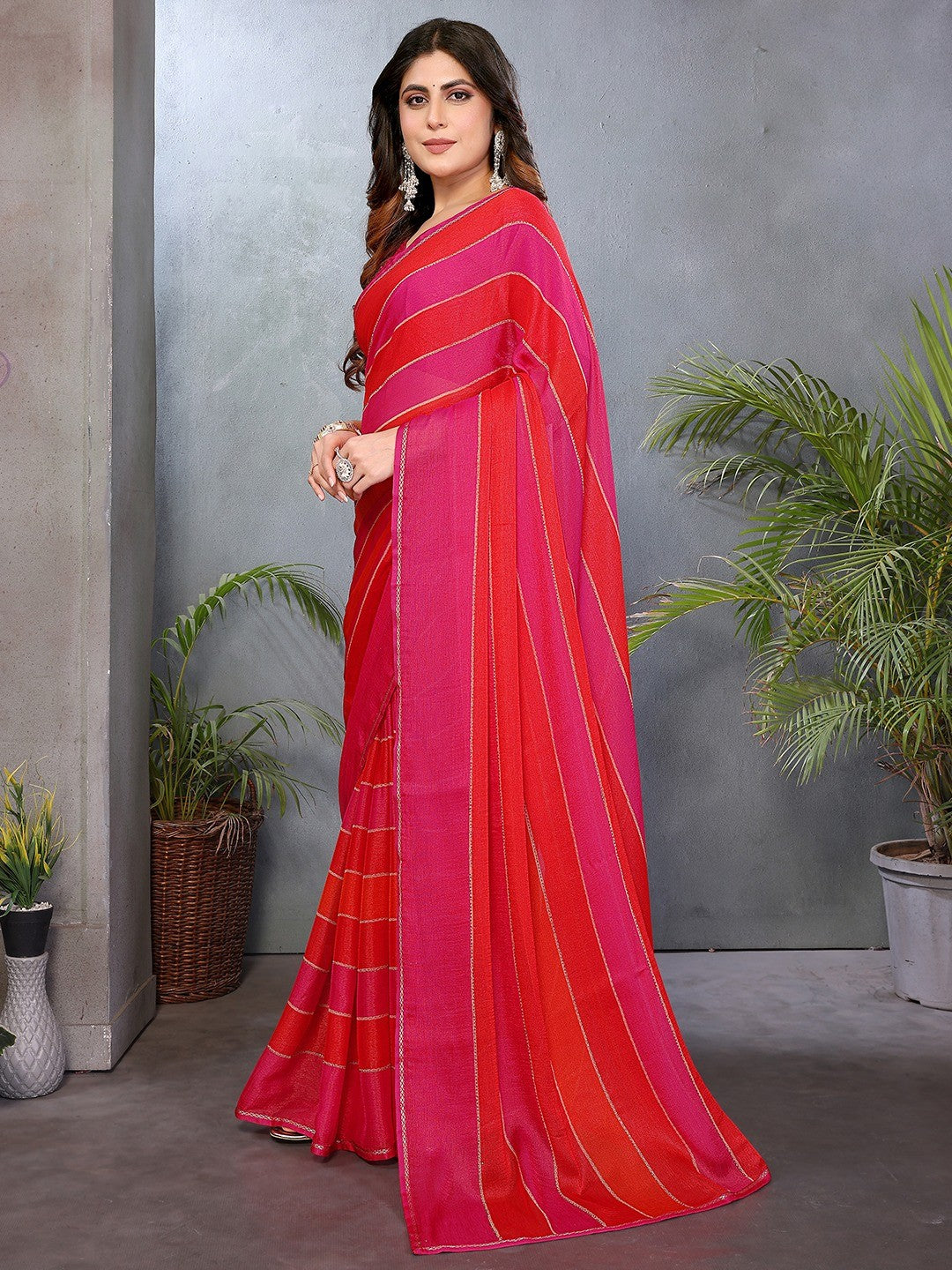 Luxurious Pink & Red Weaving Satin Saree Adorned With Swarovski Work - Image 6