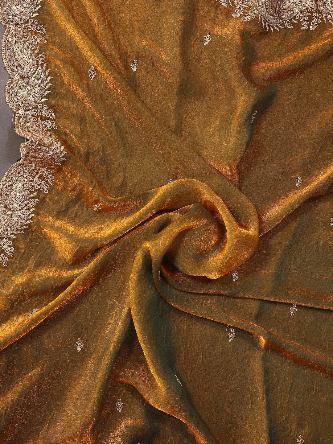 Sophisticated Copper Gold Paisley Pattern Saree Featuring Sequins Embroidery On Organza Chiffon Silk - Image 2