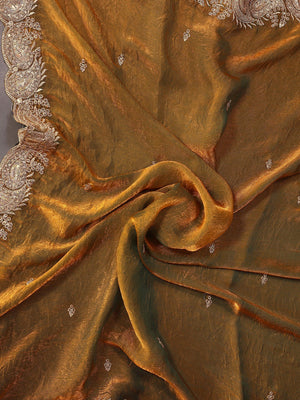 Sophisticated Copper Gold Paisley Pattern Saree Featuring Sequins Embroidery On Organza Chiffon Silk - Image 2