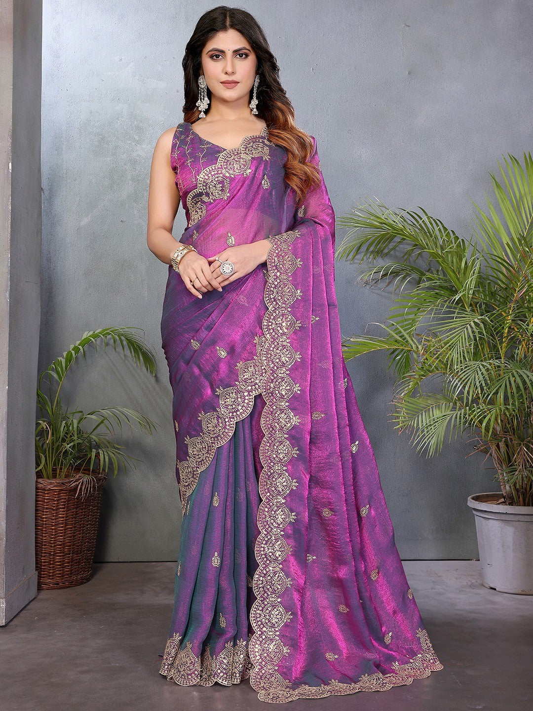 Designer Purple Sequins Embroidered Organza Chiffon Silk Saree With Luxe Finish - Image 7