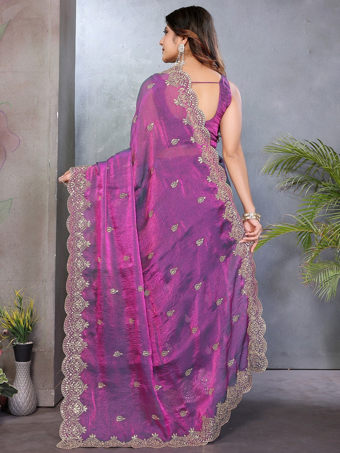 Designer Purple Sequins Embroidered Organza Chiffon Silk Saree With Luxe Finish - Image 5