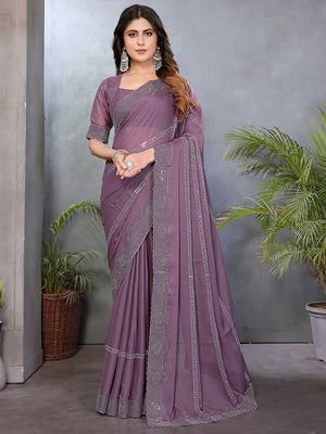 Designer Purple Star Georgette Saree Featuring Intricate Swarovski Embellishment Work - Image 1