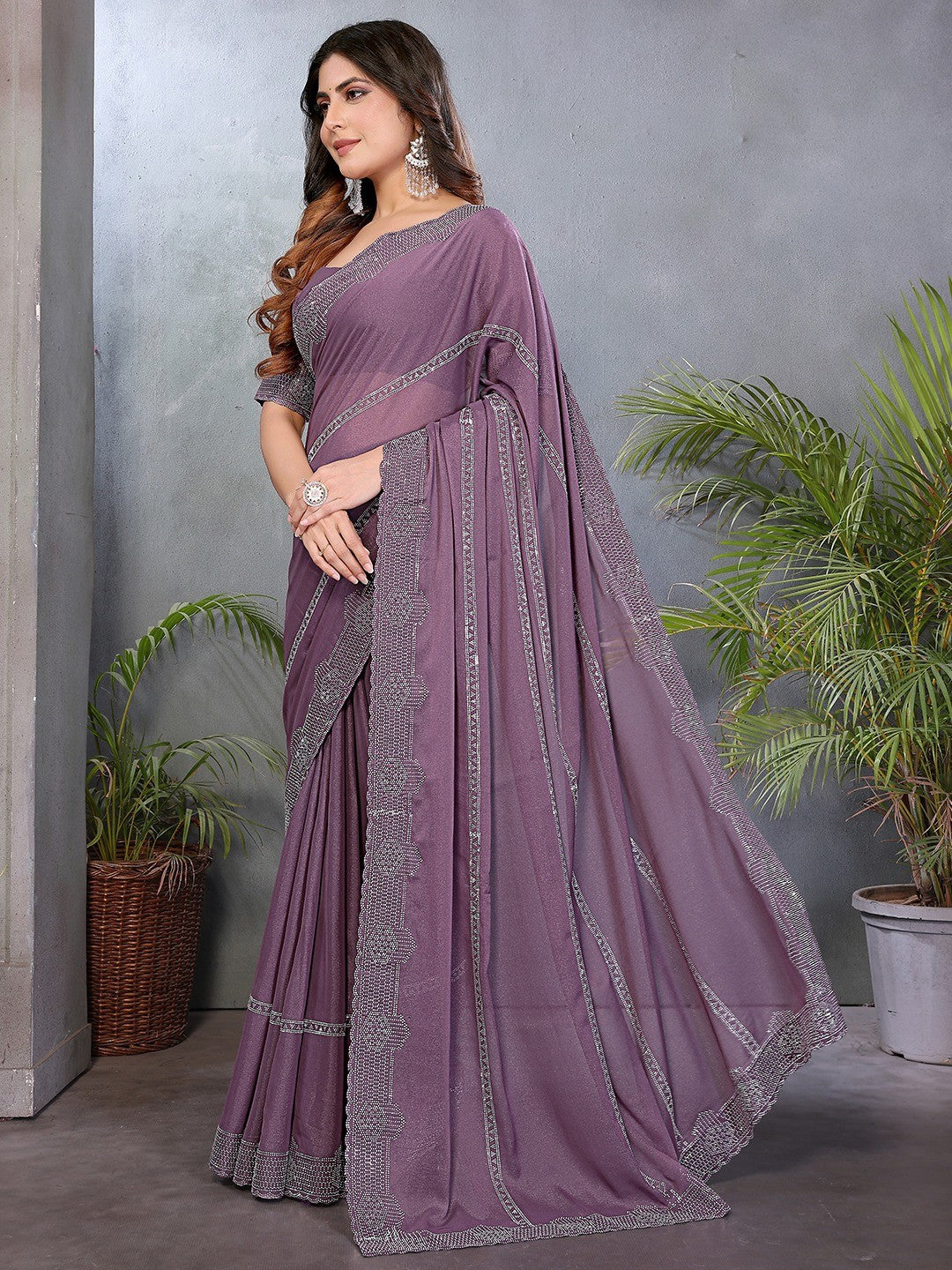 Designer Purple Star Georgette Saree Featuring Intricate Swarovski Embellishment Work - Image 6