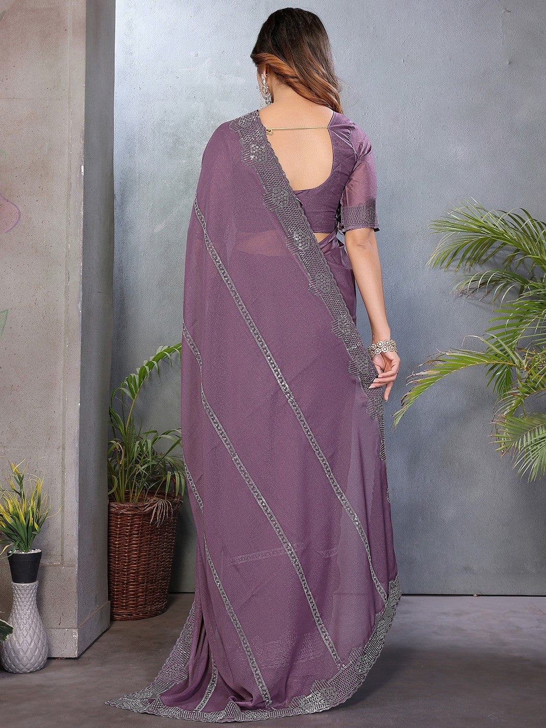 Designer Purple Star Georgette Saree Featuring Intricate Swarovski Embellishment Work - Image 7