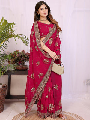 Premium Rani Pink Floral Zari Embroidered Star Georgette Saree With Sparkling Swarovski Work - Image 1
