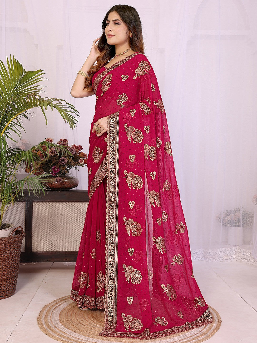 Premium Rani Pink Floral Zari Embroidered Star Georgette Saree With Sparkling Swarovski Work - Image 6