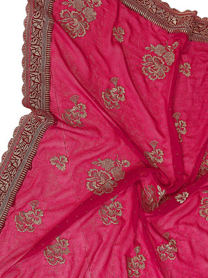 Premium Rani Pink Floral Zari Embroidered Star Georgette Saree With Sparkling Swarovski Work - Image 2