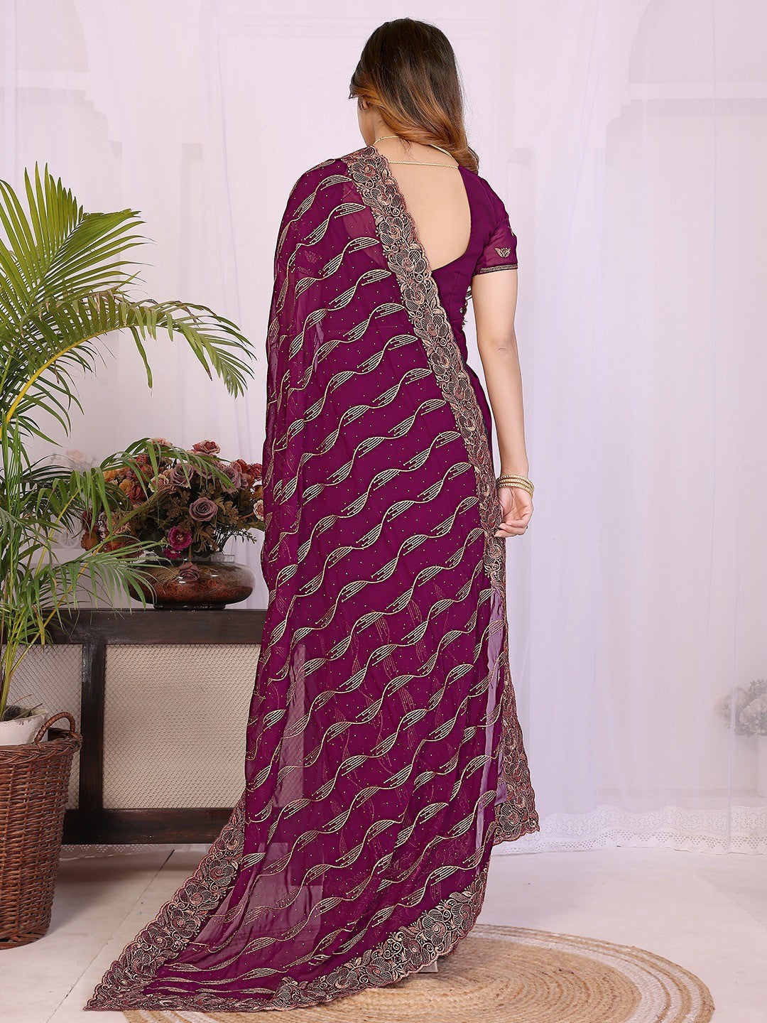 Sophisticated Wine Floral Zari Work Star Georgette Saree With Swarovski Embellishment - Image 5