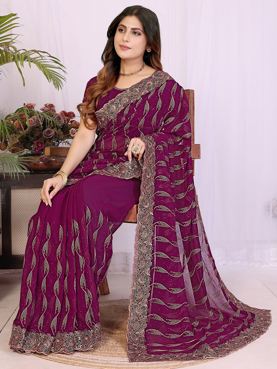 Sophisticated Wine Floral Zari Work Star Georgette Saree With Swarovski Embellishment - Image 6