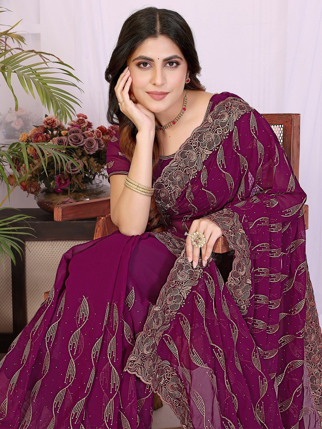 Sophisticated Wine Floral Zari Work Star Georgette Saree With Swarovski Embellishment - Image 7