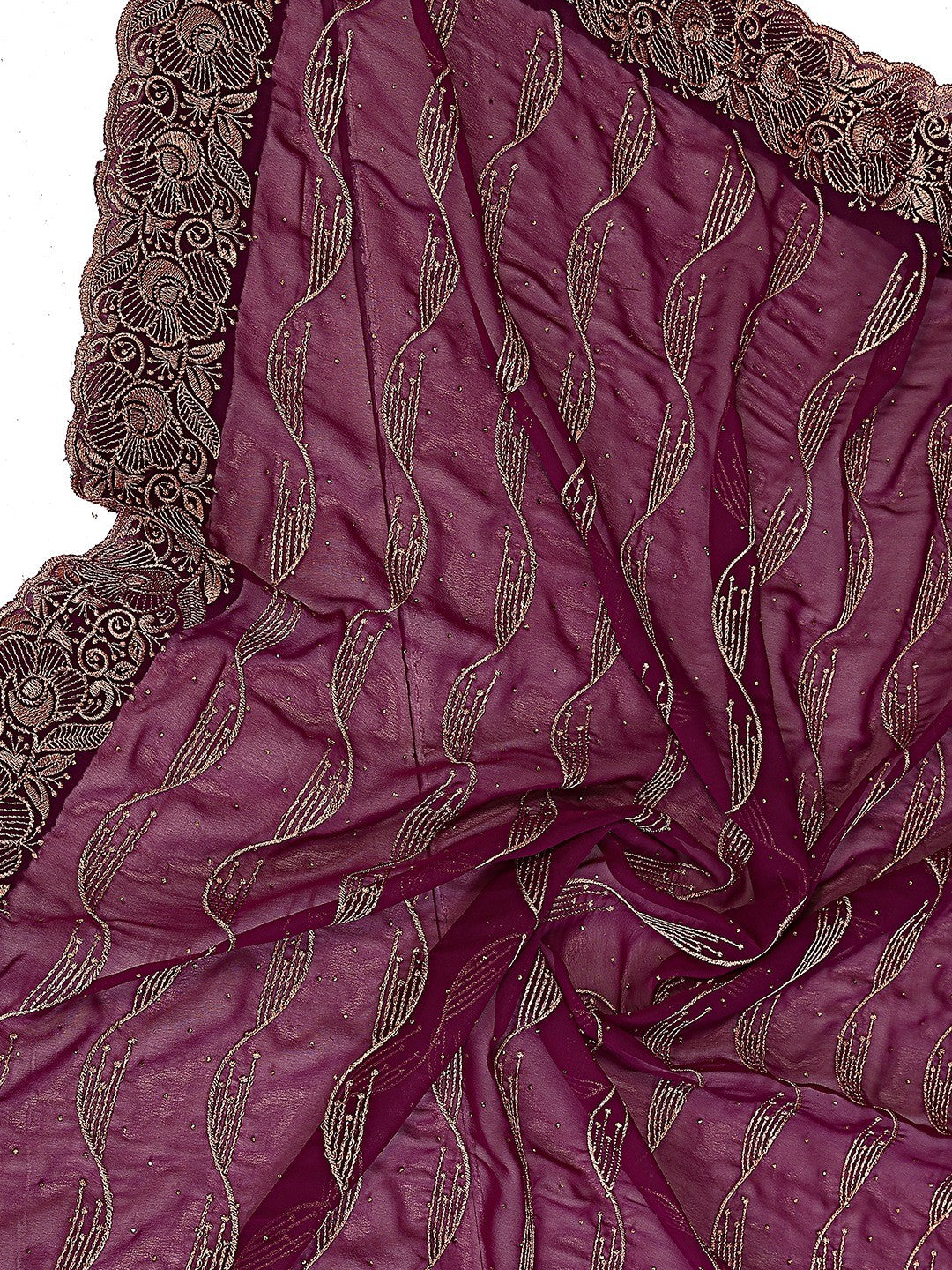Sophisticated Wine Floral Zari Work Star Georgette Saree With Swarovski Embellishment - Image 2