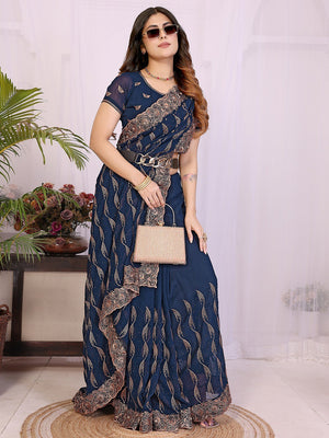 Sophisticated Navy Blue Floral Zari Work Star Georgette Saree With Swarovski Embellishment - Image 1