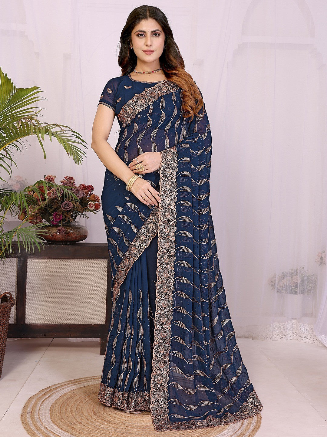 Sophisticated Navy Blue Floral Zari Work Star Georgette Saree With Swarovski Embellishment - Image 7