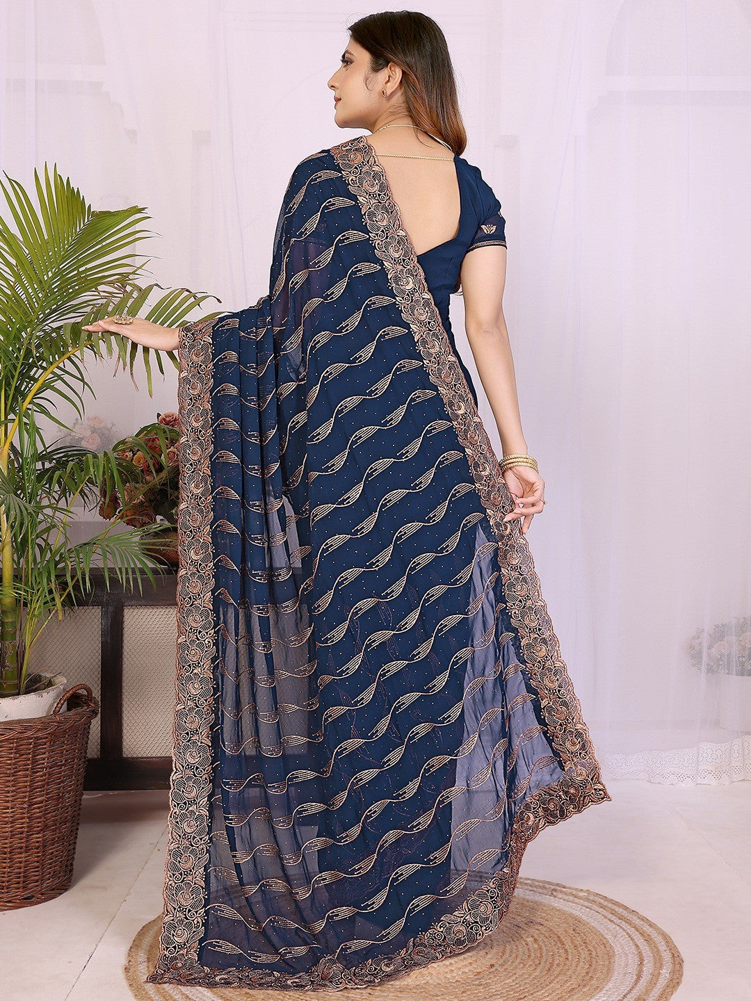 Sophisticated Navy Blue Floral Zari Work Star Georgette Saree With Swarovski Embellishment - Image 5