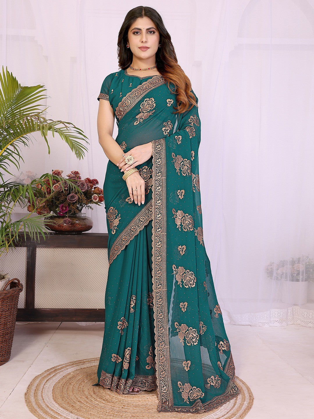 Premium Rama Green Floral Zari Embroidered Star Georgette Saree With Sparkling Swarovski Work - Image 1
