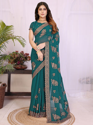 Premium Rama Green Floral Zari Embroidered Star Georgette Saree With Sparkling Swarovski Work - Image 1