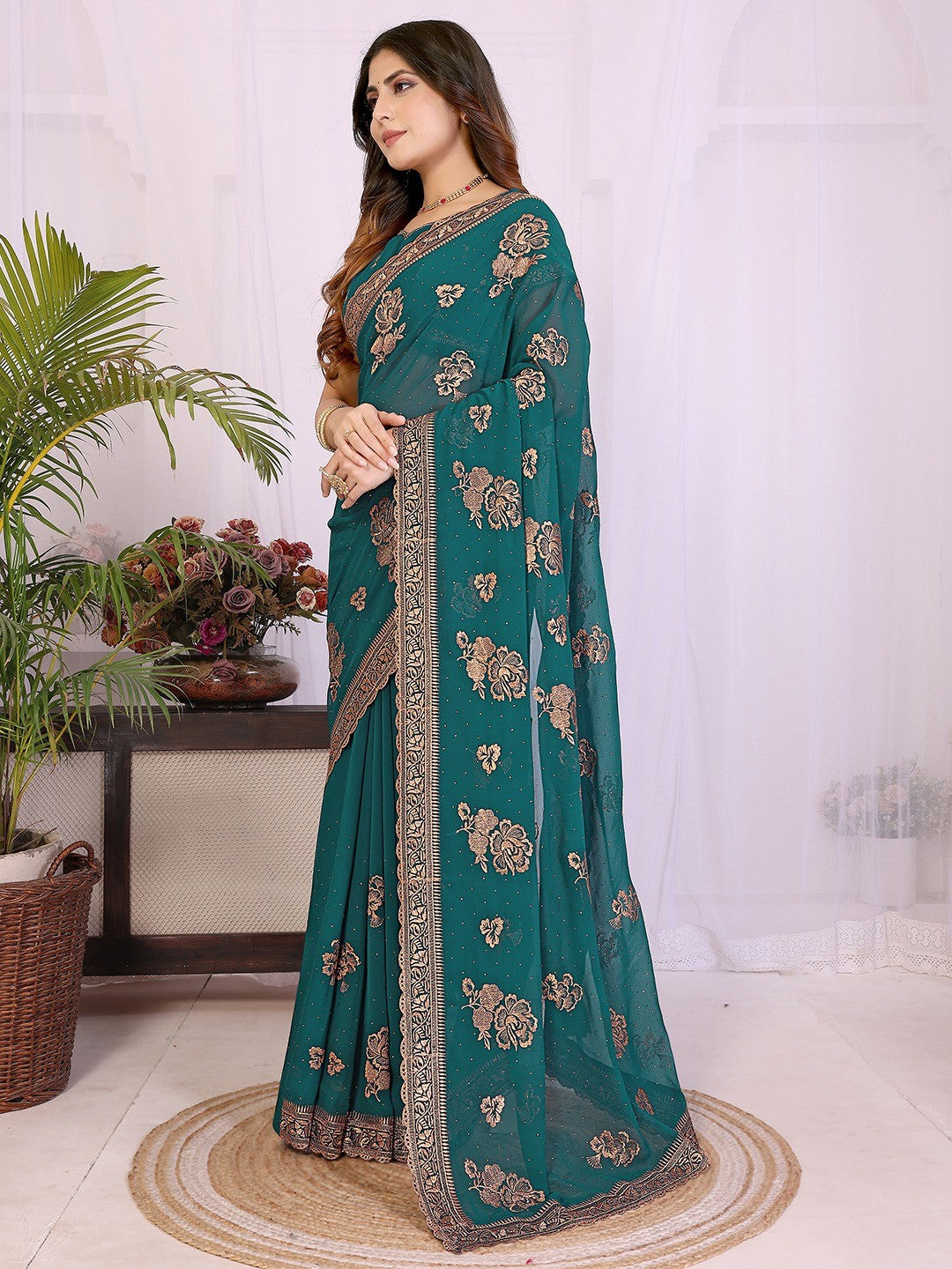 Premium Rama Green Floral Zari Embroidered Star Georgette Saree With Sparkling Swarovski Work - Image 7