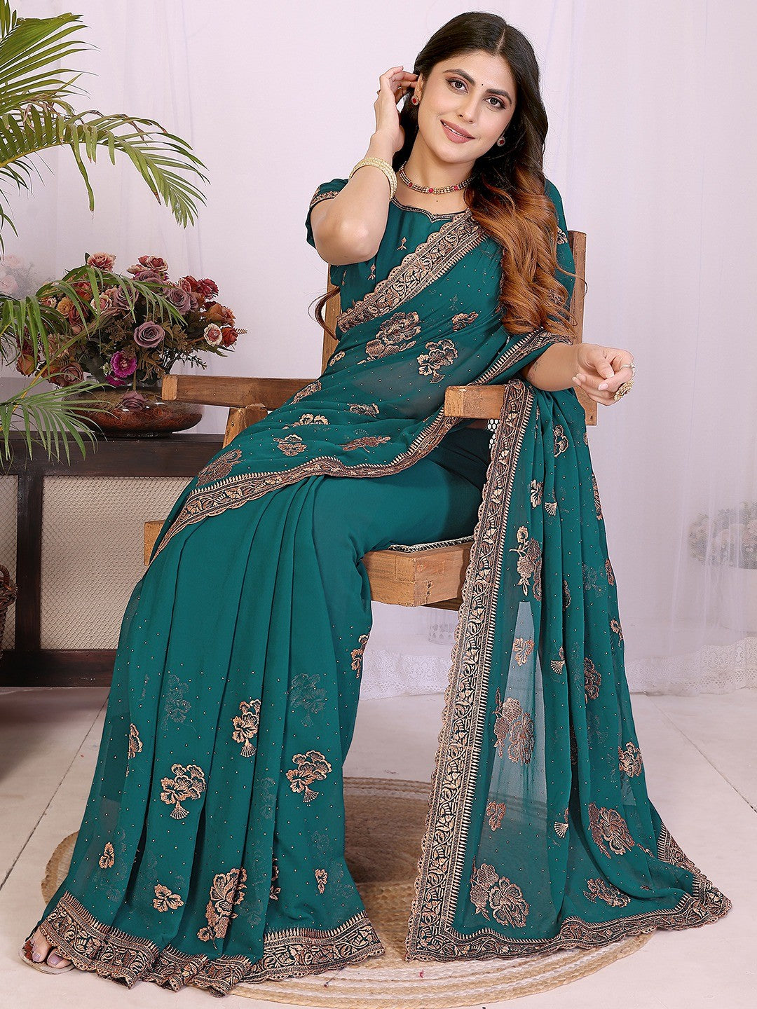 Premium Rama Green Floral Zari Embroidered Star Georgette Saree With Sparkling Swarovski Work - Image 5