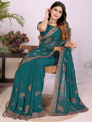 Premium Rama Green Floral Zari Embroidered Star Georgette Saree With Sparkling Swarovski Work - Image 2
