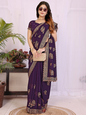 Premium Purple Floral Zari Embroidered Star Georgette Saree With Sparkling Swarovski Work - Image 1