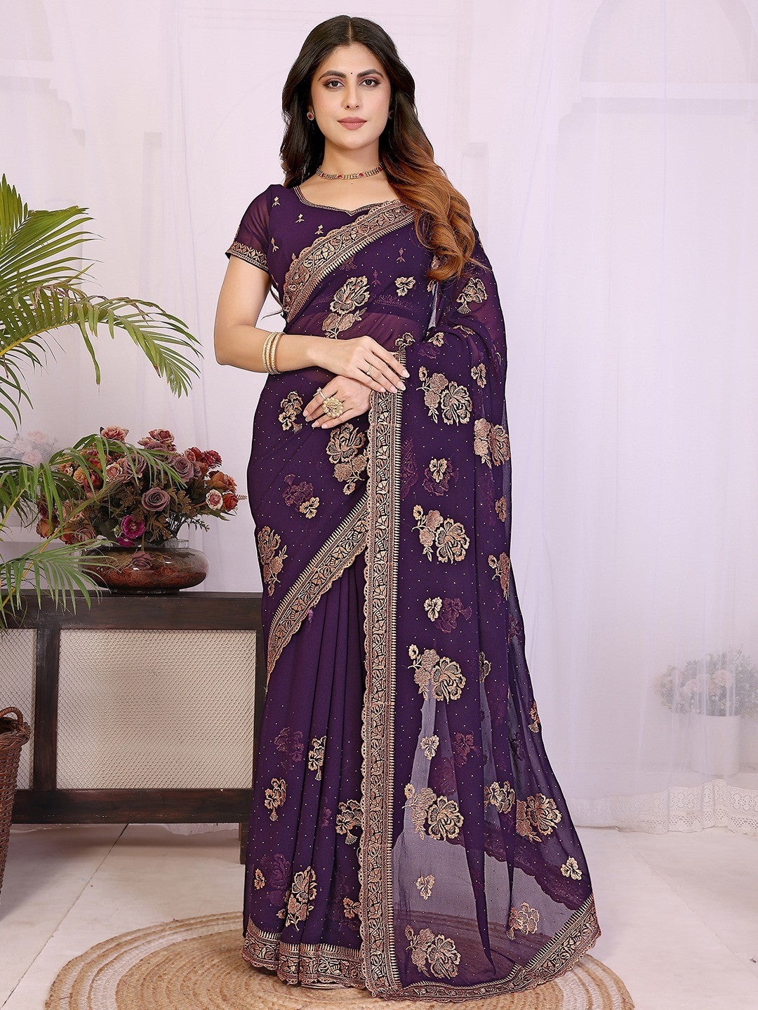 Premium Purple Floral Zari Embroidered Star Georgette Saree With Sparkling Swarovski Work - Image 6