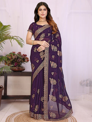 Premium Purple Floral Zari Embroidered Star Georgette Saree With Sparkling Swarovski Work - Image 2