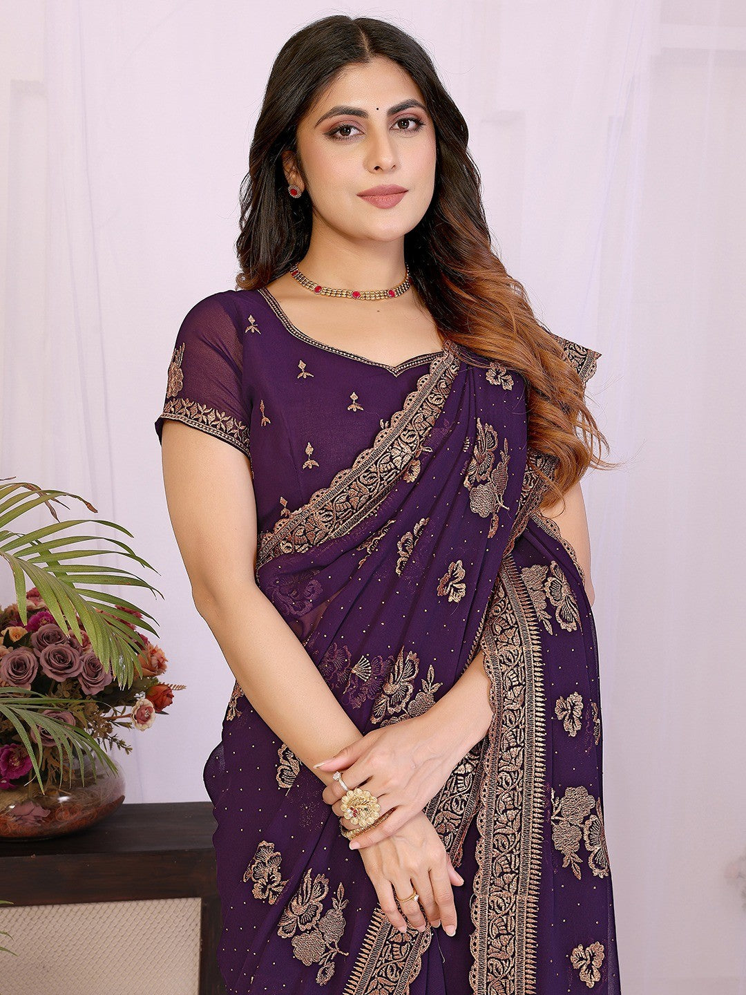 Premium Purple Floral Zari Embroidered Star Georgette Saree With Sparkling Swarovski Work - Image 4