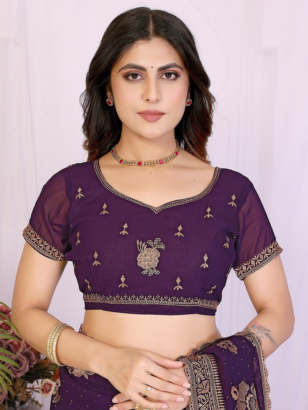 Premium Purple Floral Zari Embroidered Star Georgette Saree With Sparkling Swarovski Work - Image 3