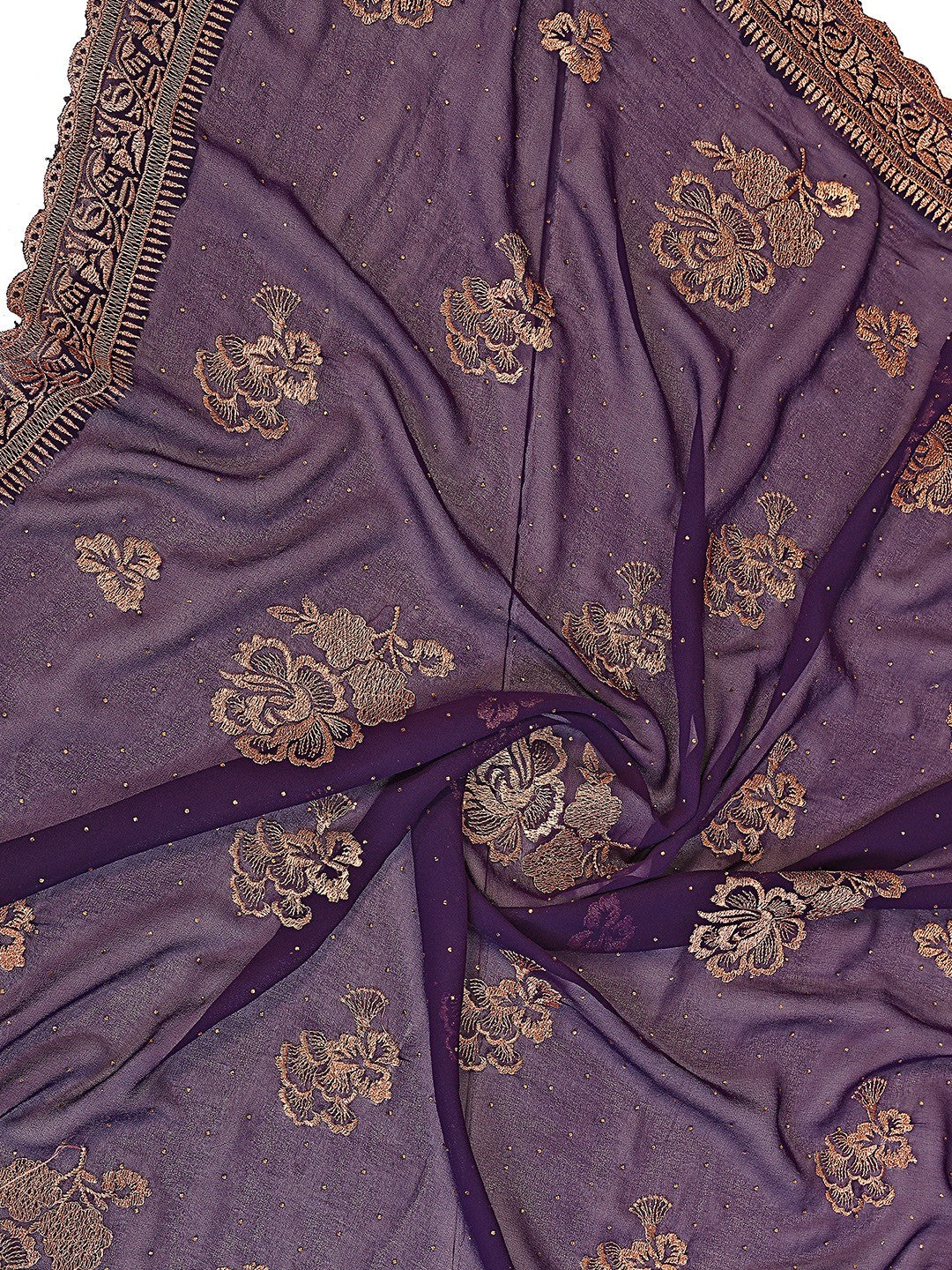 Premium Purple Floral Zari Embroidered Star Georgette Saree With Sparkling Swarovski Work - Image 2