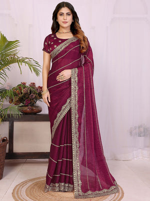 Elegant Wine Striped Pattern Organza Chiffon Silk Saree With Sequins Embroidery Work - Image 1