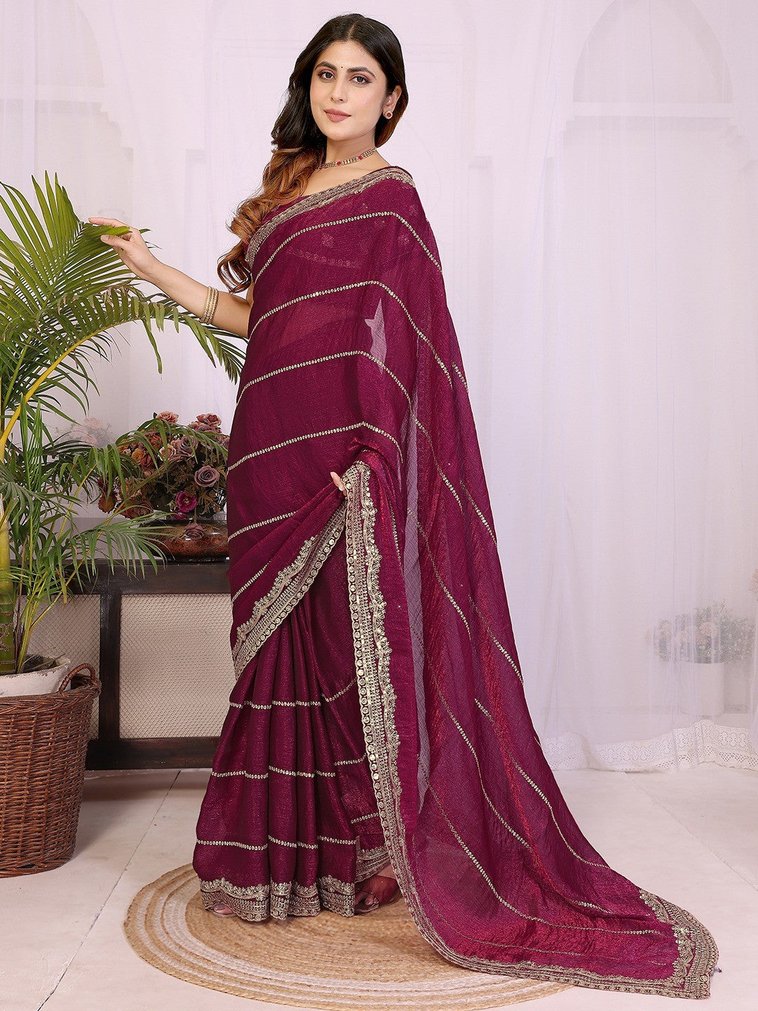 Elegant Wine Striped Pattern Organza Chiffon Silk Saree With Sequins Embroidery Work - Image 7