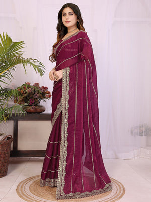 Elegant Wine Striped Pattern Organza Chiffon Silk Saree With Sequins Embroidery Work - Image 2