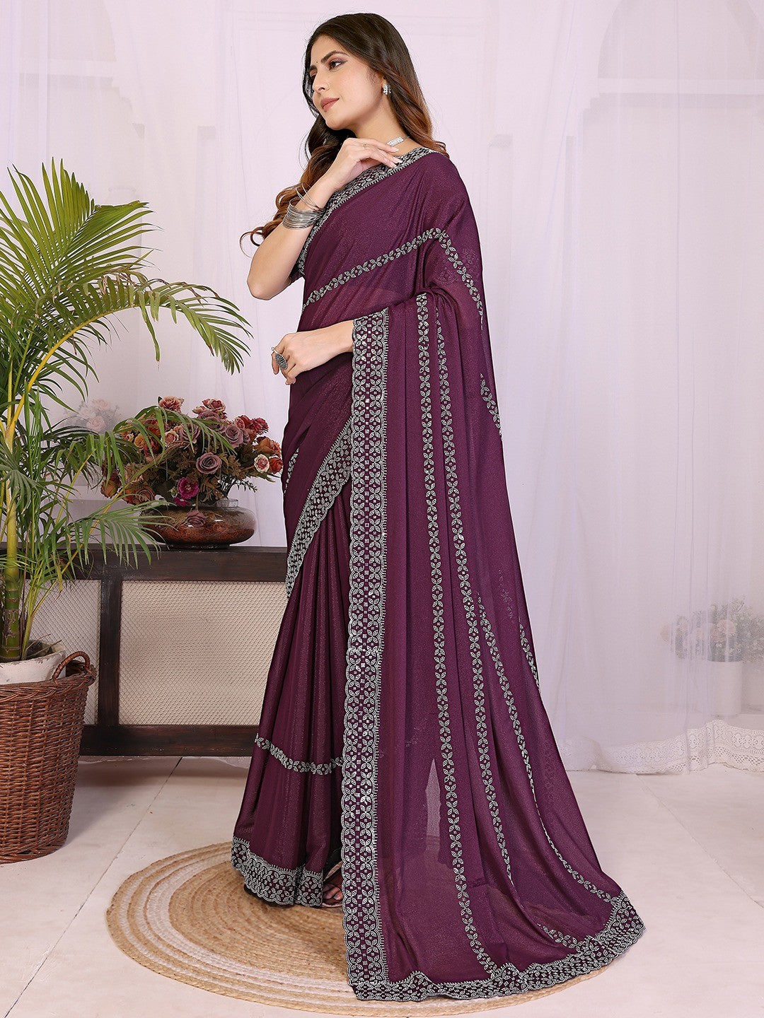 Timeless Wine Star Georgette Saree With Sparkling Swarovski Embellishment Work - Image 7