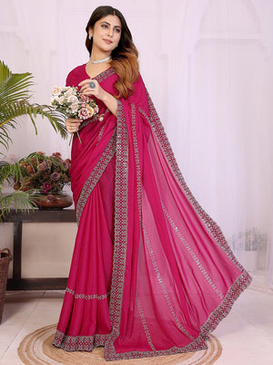 Timeless Rani Pink Star Georgette Saree With Sparkling Swarovski Embellishment Work - Image 1