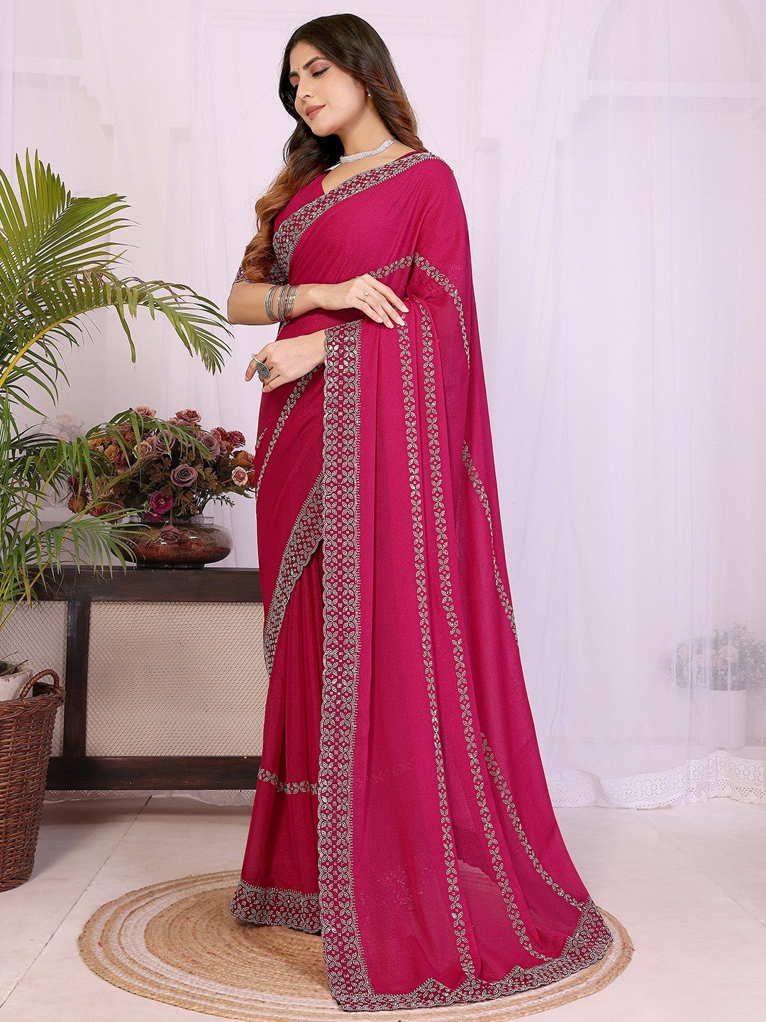 Timeless Rani Pink Star Georgette Saree With Sparkling Swarovski Embellishment Work - Image 6