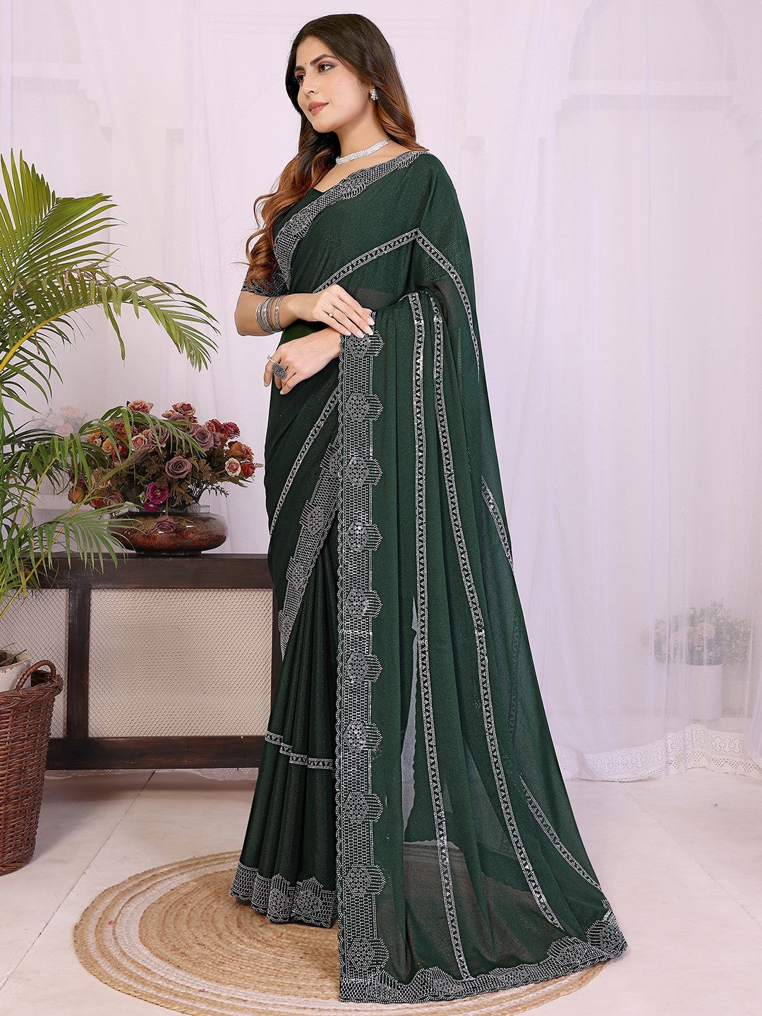 Designer Bottle Green Star Georgette Saree Featuring Intricate Swarovski Embellishment With Unstitched Blouse Peice - Image 7