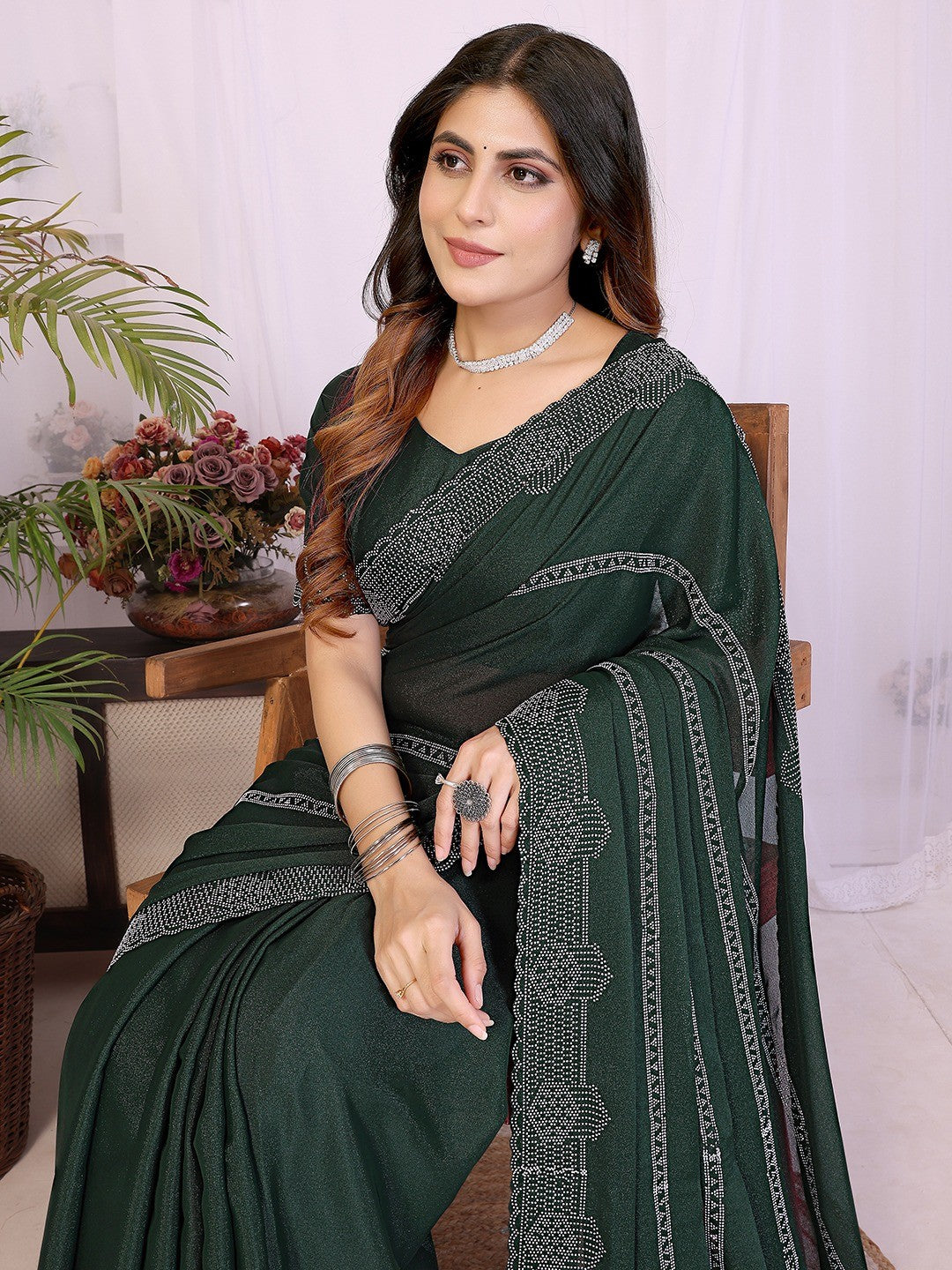 Designer Bottle Green Star Georgette Saree Featuring Intricate Swarovski Embellishment With Unstitched Blouse Peice - Image 4