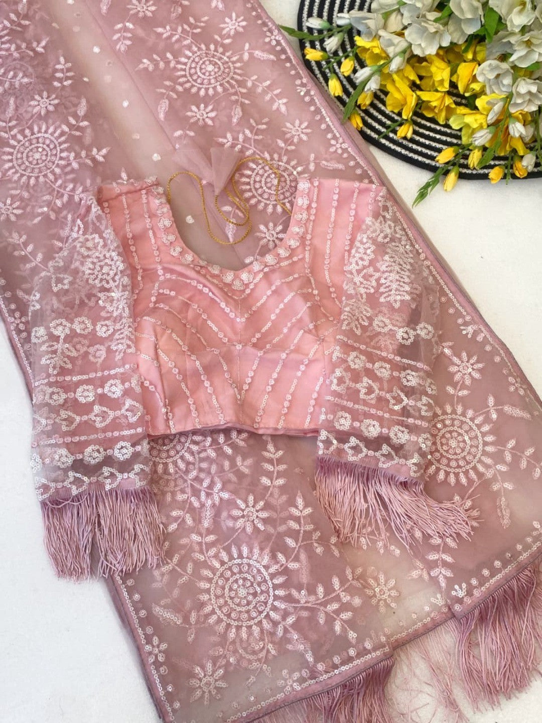 Elegant Pink Super Net Embroidered Saree with Designer Blouse - Image 2