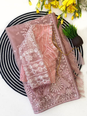 Elegant Pink Super Net Embroidered Saree with Designer Blouse - Image 2