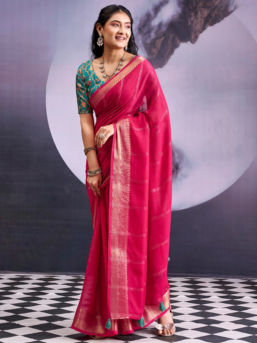 Charming Pink Striped Zari Woven Georgette Saree With Graceful Tassel Finish - Image 6
