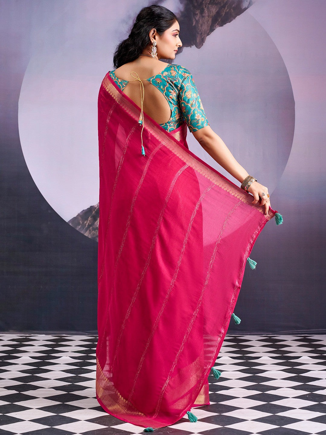 Charming Pink Striped Zari Woven Georgette Saree With Graceful Tassel Finish - Image 5