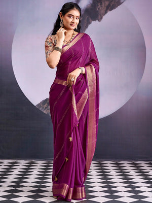 Charming Wine Striped Zari Woven Georgette Saree With Graceful Tassel Finish - Image 1