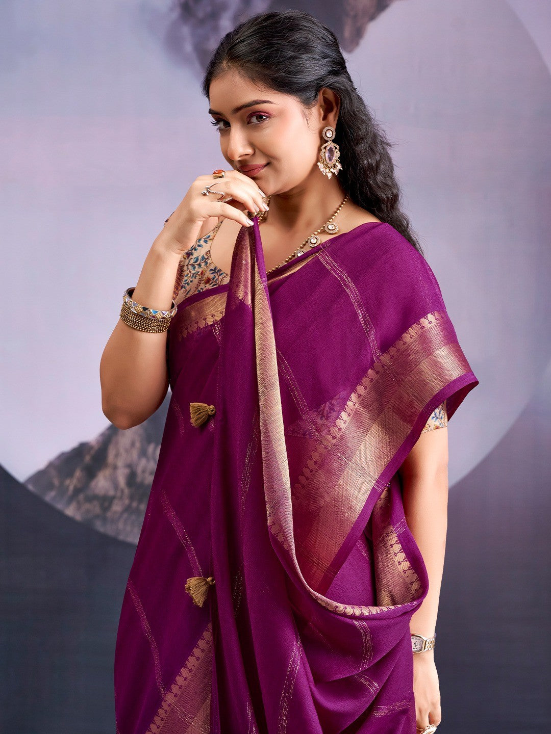 Charming Wine Striped Zari Woven Georgette Saree With Graceful Tassel Finish - Image 6