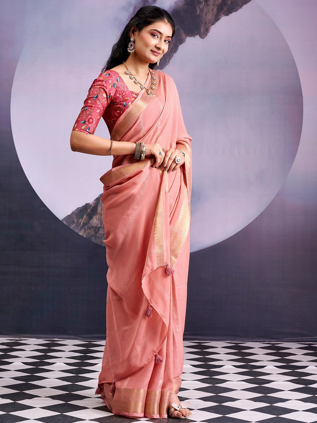 Charming Peach Striped Zari Woven Georgette Saree With Graceful Tassel Finish - Image 1