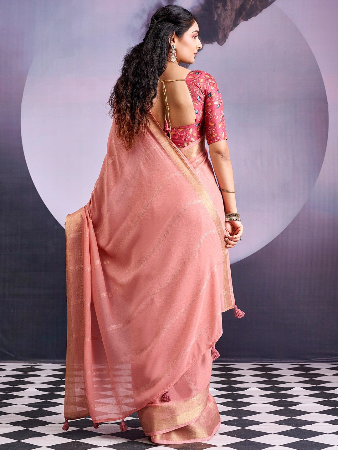 Charming Peach Striped Zari Woven Georgette Saree With Graceful Tassel Finish - Image 5