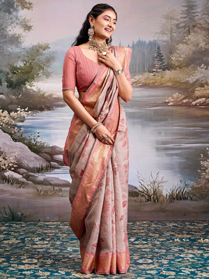 Beautiful Beige Cotton Silk Saree with Floral Elegance and Traditional Zari Border - Image 1