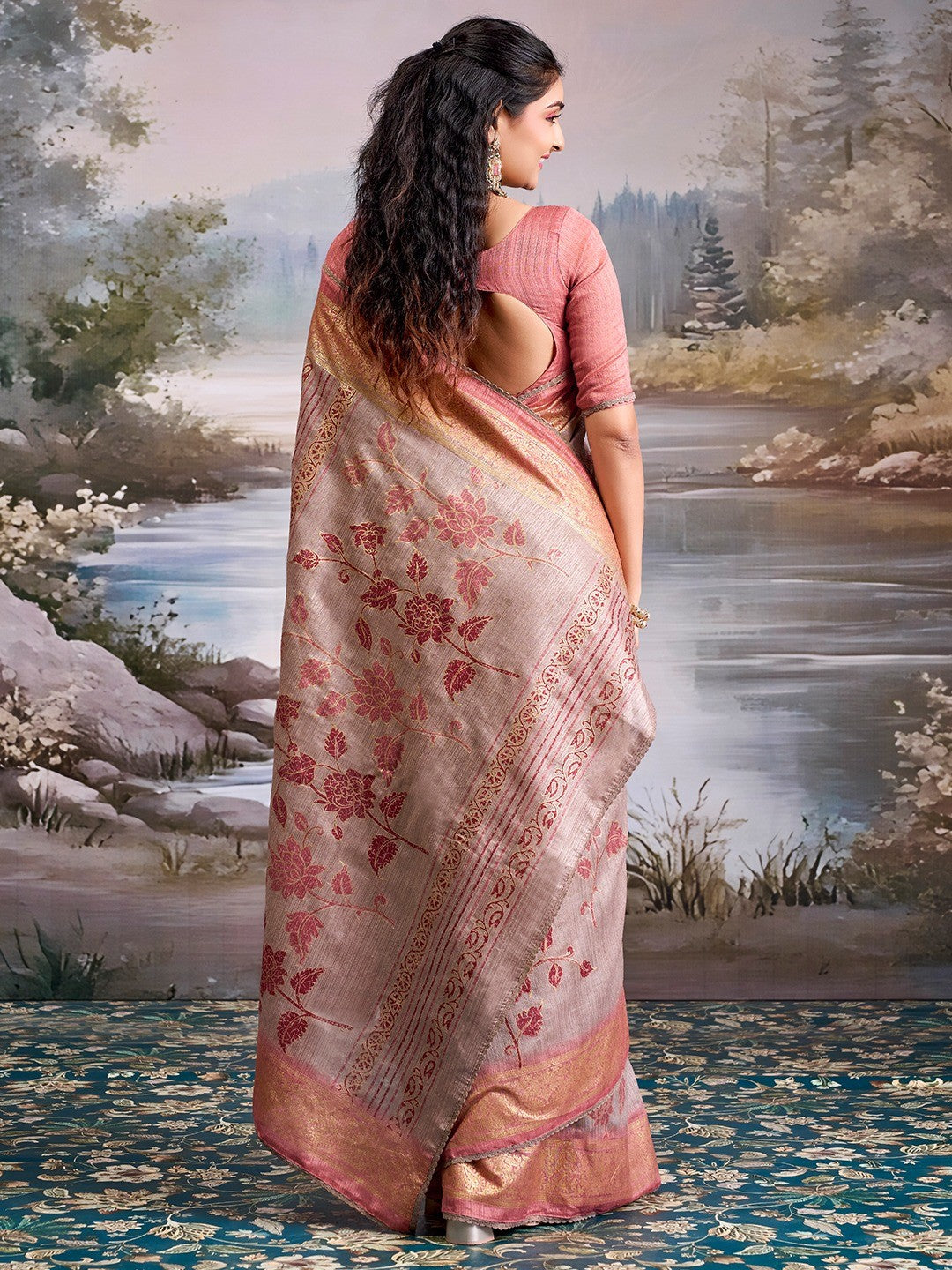Beautiful Beige Cotton Silk Saree with Floral Elegance and Traditional Zari Border - Image 5